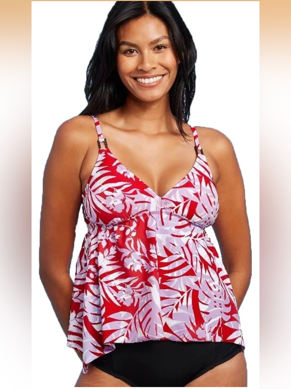 Kona Sol Womens Red Lilac Tropical Print Tankini Swim Top Size M